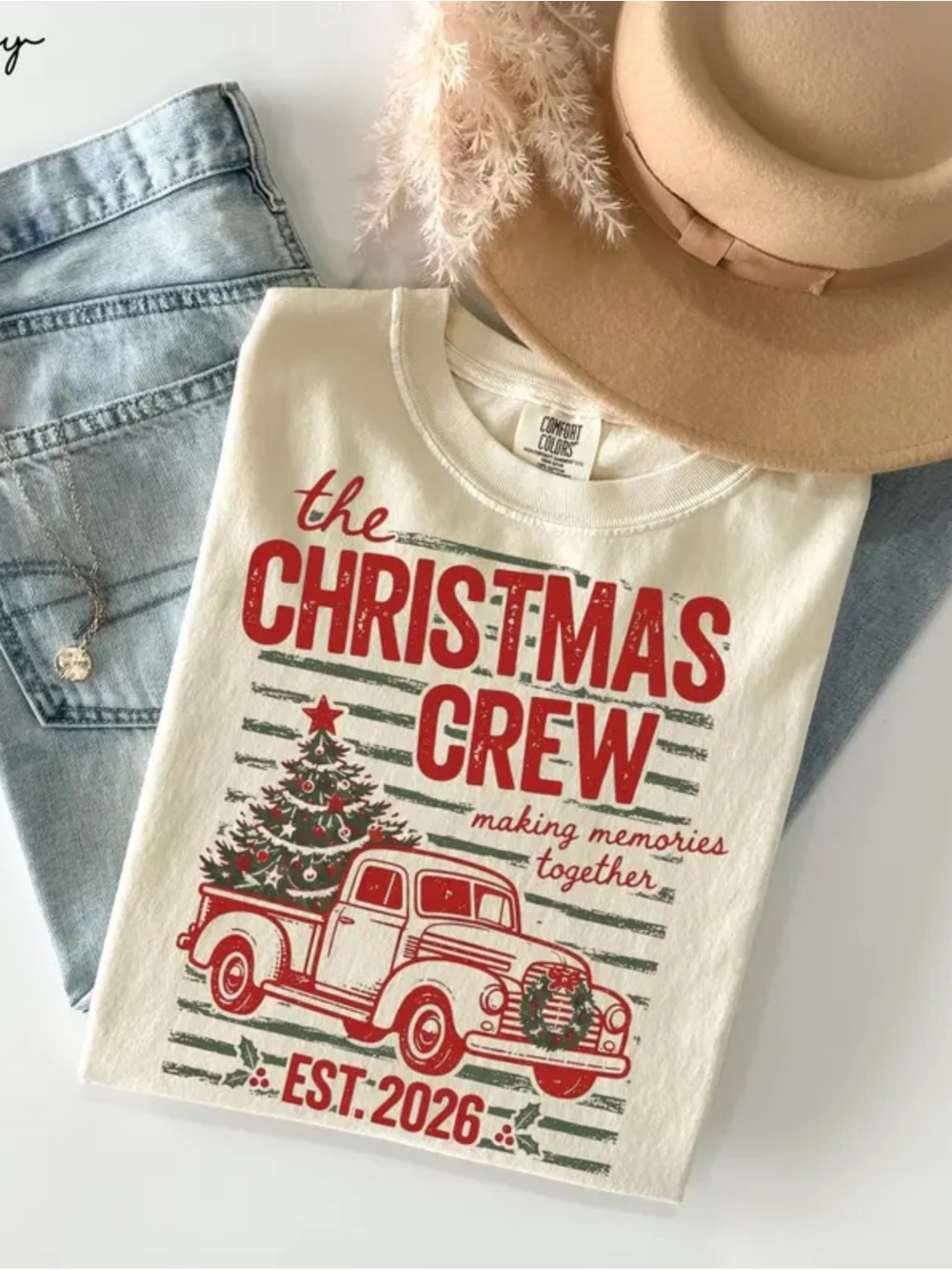 Comfort Colors Ivory Short Sleeve Tee with Red & Green Holiday Truck Graphic